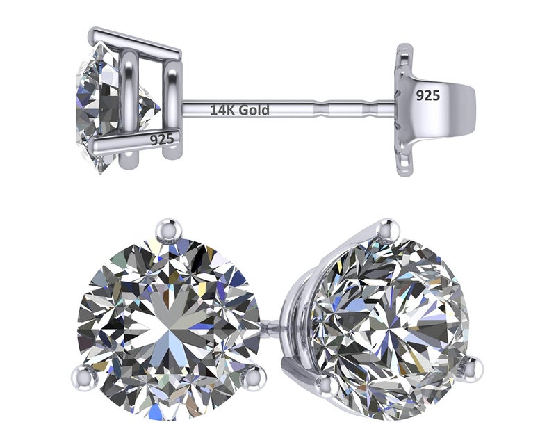 Central Diamond Center 14K Gold Post & Sterling Silver Made with Swarovski Zirconia 3 Prong Martini Stud Earrings - Platinum Plated 6.50mm 2.00cttw - Image 1